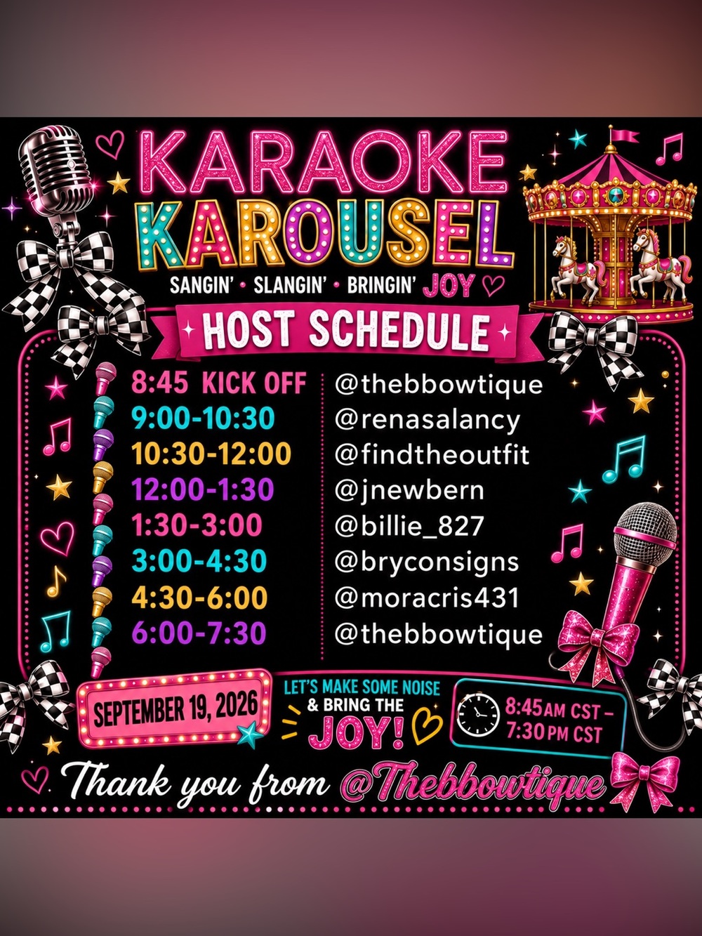 9/19/26 - KARAOKE KAROUSEL $7 and 🆙 
🎙️🎠🎙️🎠🎙️🎠
Message me to join in November 🎀